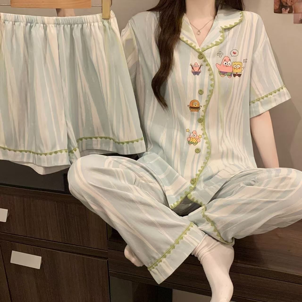 【海绵宝宝】短袖三件套粉彩风夏季新款睡衣可爱少女薄款家居服套装