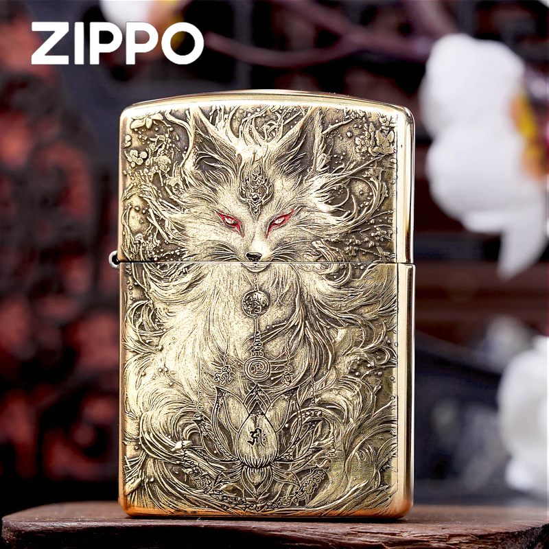 Zippo打火机正品/黄铜盔甲前世今生双面雕刻填漆狐狸