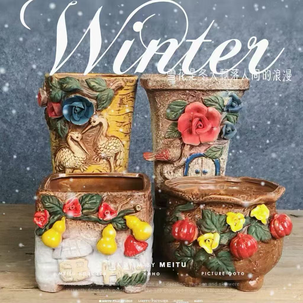 多肉花盆粗陶透气大口径创意个性肉肉植物陶瓷盆套装组合