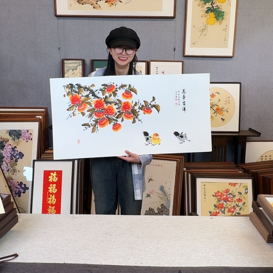 国画纯手绘，纯手写带框尺寸：53×103厘米