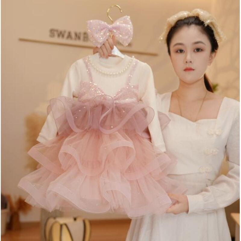 【Y.a4264】2025新款女宝长袖洋气多层网纱蛋糕裙甜美女童连衣裙