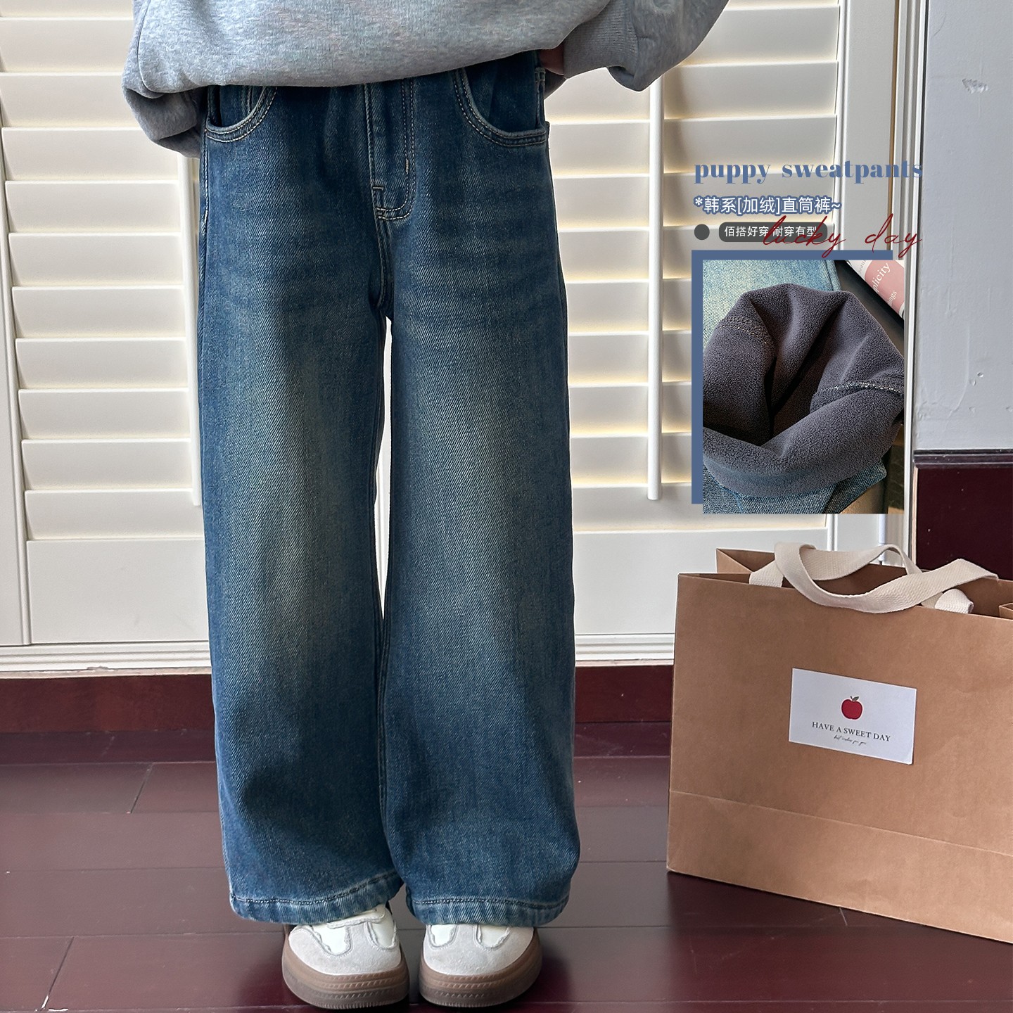 女童一体绒牛仔裤2025冬季新款儿童韩系加绒直筒裤中大童百搭裤子