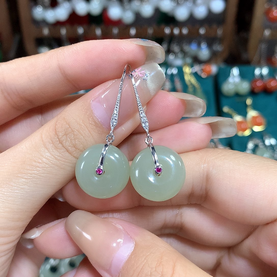 和田玉耳饰银S925镶嵌15*7+左右