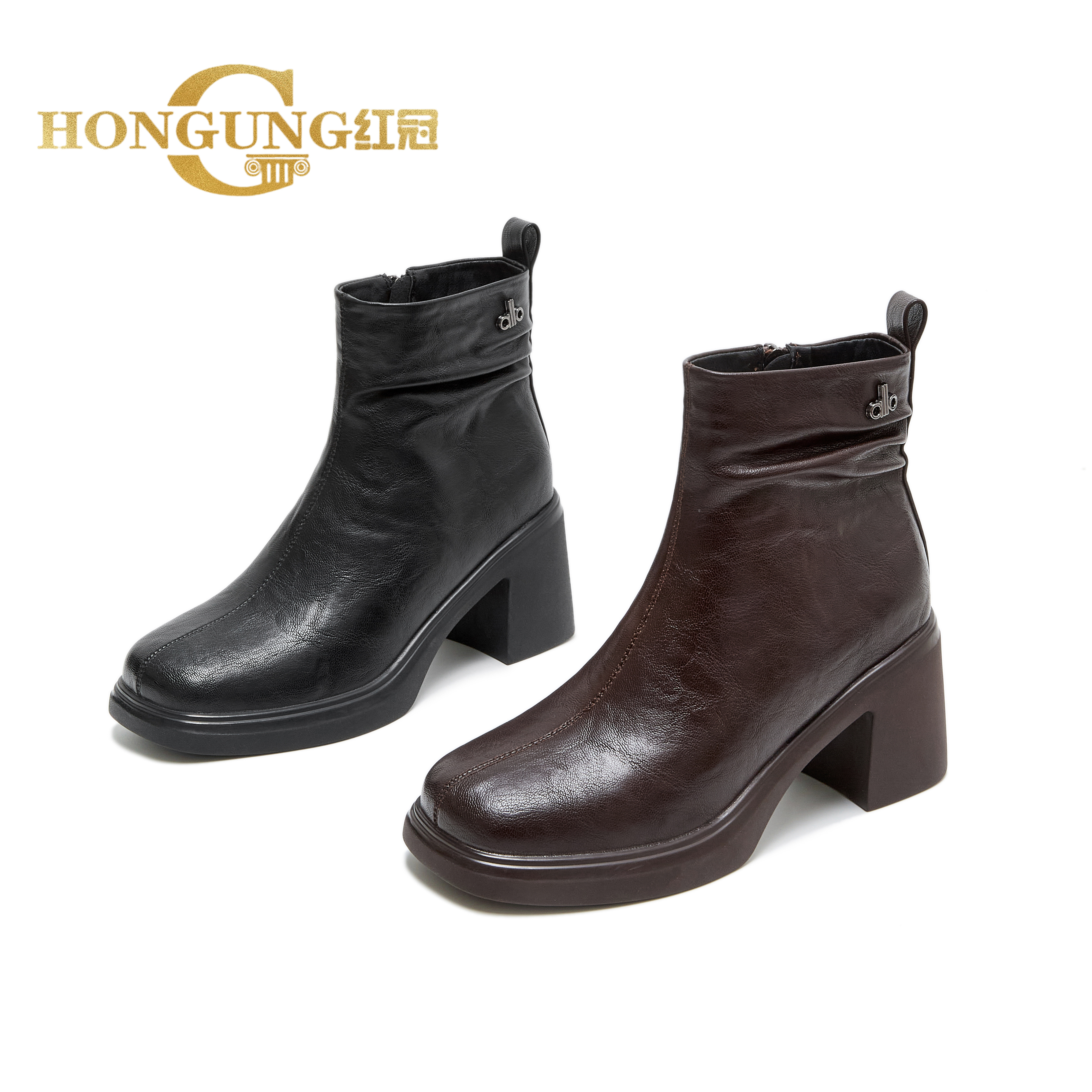 加绒 | 红冠高跟厚底棉靴冬季新款保暖靴子女粗跟小个子短靴1122