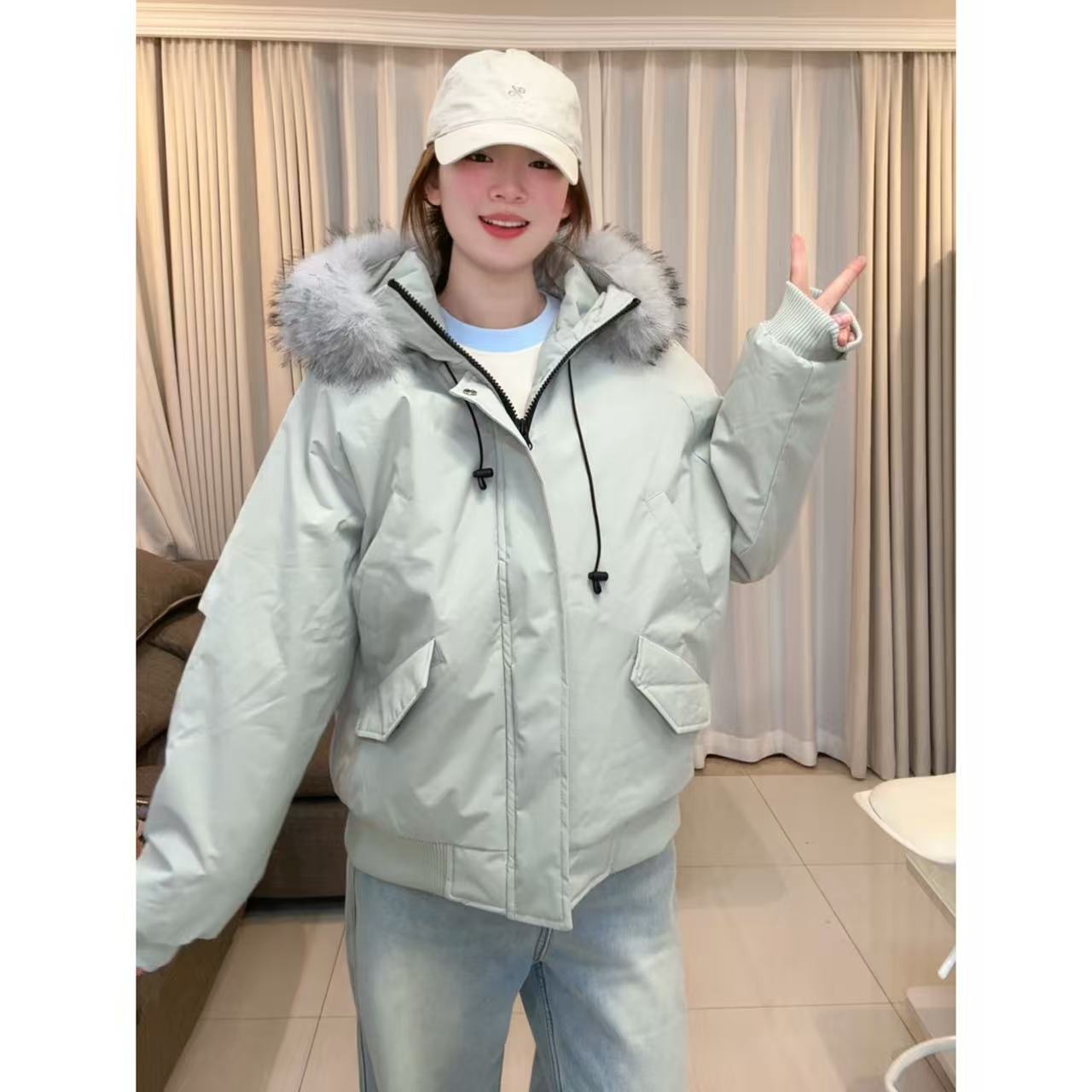 潮牌加厚压缩空气棉座山雕连帽可拆卸超大毛领派克棉服男女同款1