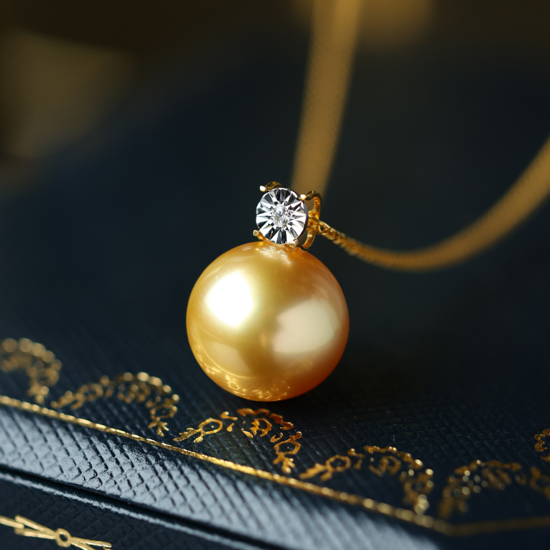 海水南洋珍珠金珠吊坠12-13mm高级气质18k金钻石王妃款浓金送礼物