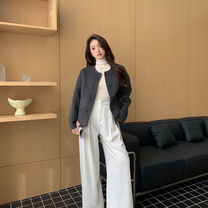 2025新款圆领短款双面羊毛大衣短款羊毛外套秋女 羊毛