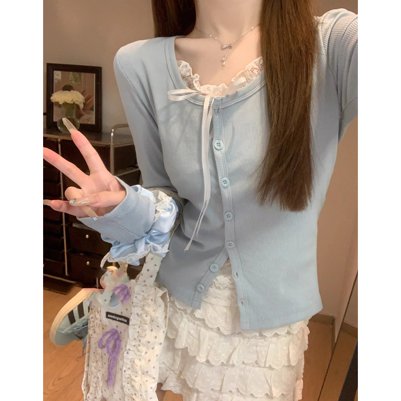 【发财歪歪】春季韩版大码胖mm纯欲蕾丝单排扣假两件打底衫T恤上衣