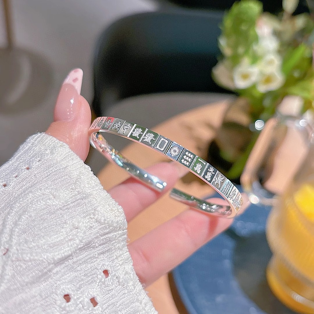 足银手镯 【十三幺】麻将手镯实心闭口光面手环国粹款个性