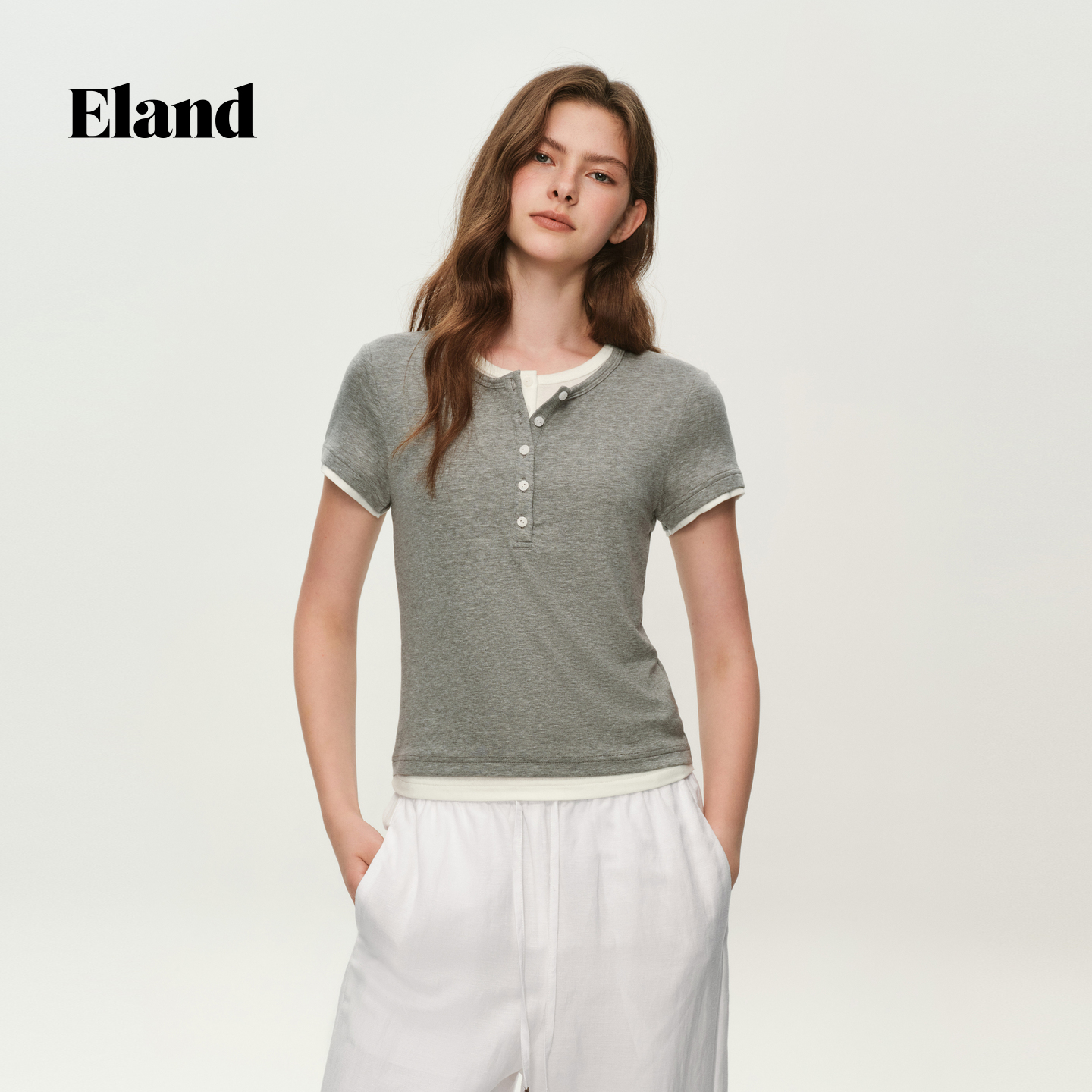 Eland衣恋T恤女时尚老钱风假两件合身针织短袖上衣26秋EERAG87T02