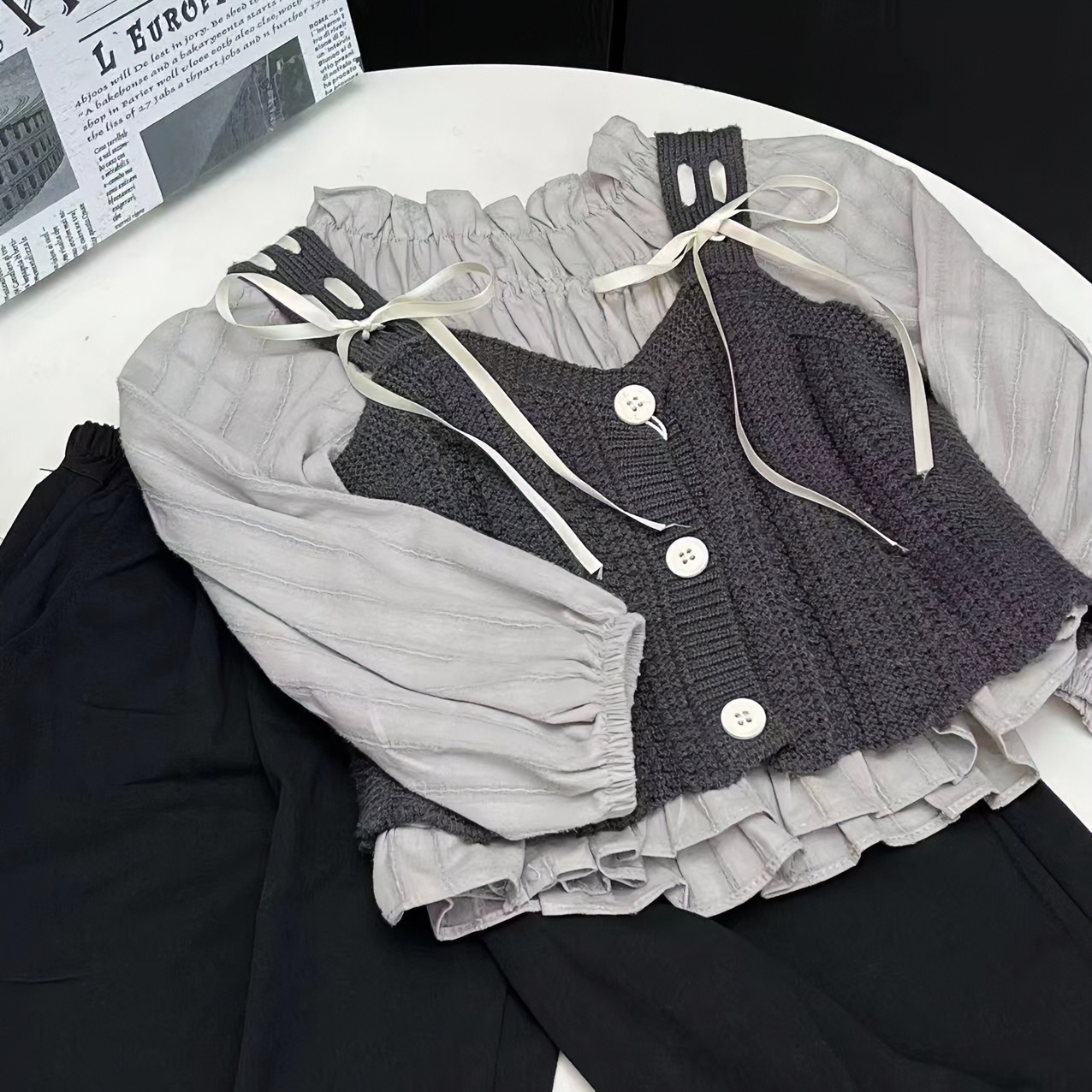 夏季儿童节女童洋气女孩显瘦牛仔泡泡袖甜美套装裙子女宝