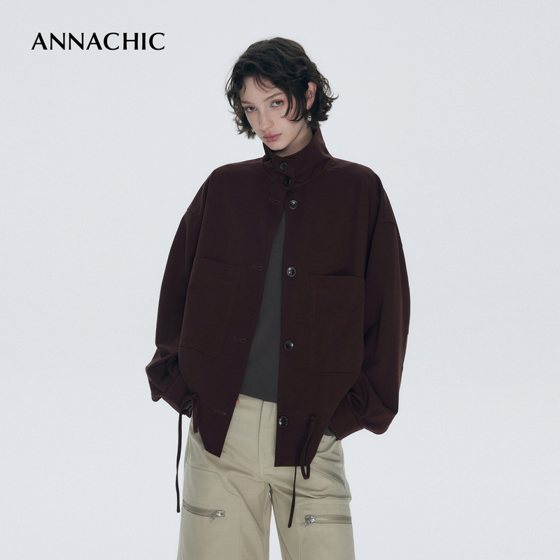 ANNACHIC时髦老钱_大口袋设计感抽绳夹克女/廓形宽松休闲短款外套