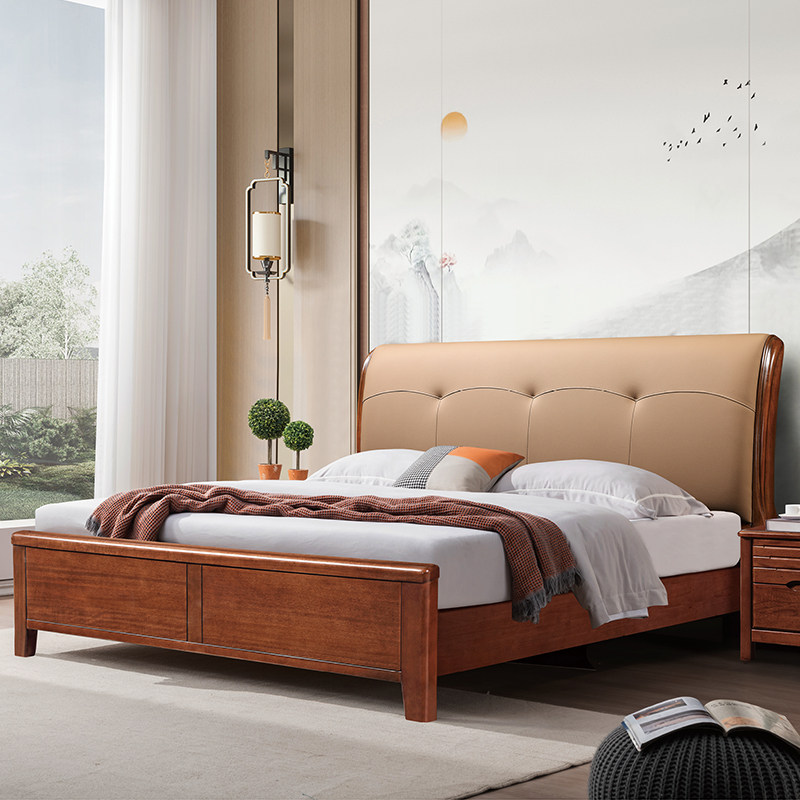 4胡桃木简约风新中式实木床轻奢家用中式床主卧室储物成套高箱床