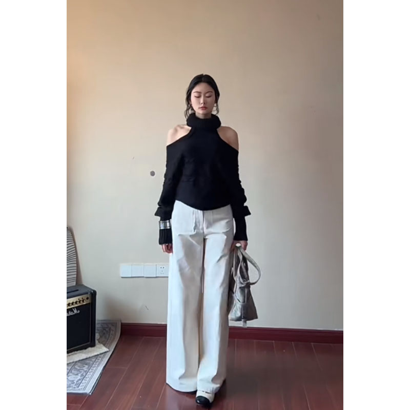 新款休闲百搭时尚设计感露肩长袖上衣高腰修身显瘦宽松阔腿裤长裤