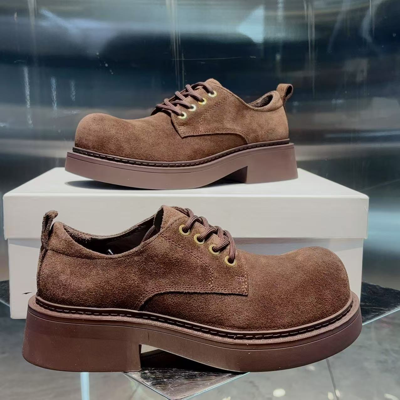 新款工装鞋男士真皮大头鞋低帮系带厚底增高鞋复古做旧德比鞋