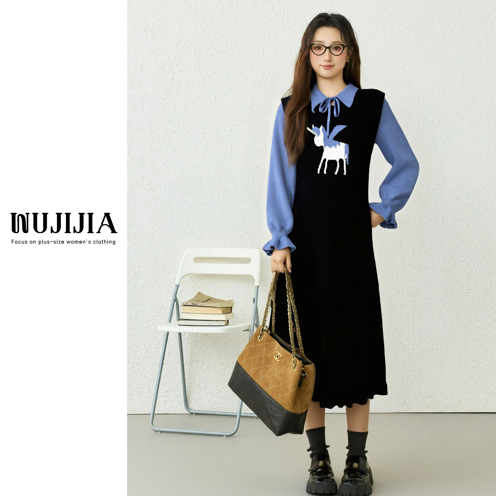 五季家慵懒大码加厚冬款黑拼蓝连衣裙秋冬长袖裙子ZL115253