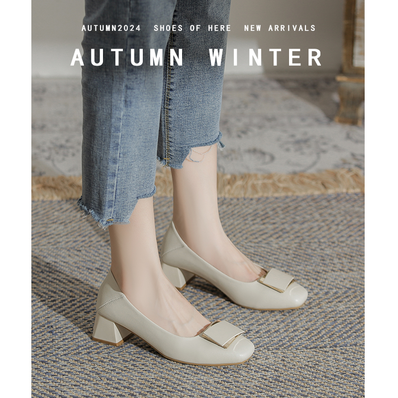 真皮2025新款方头法式时尚温柔软底休闲职业粗跟中跟不累脚单鞋女