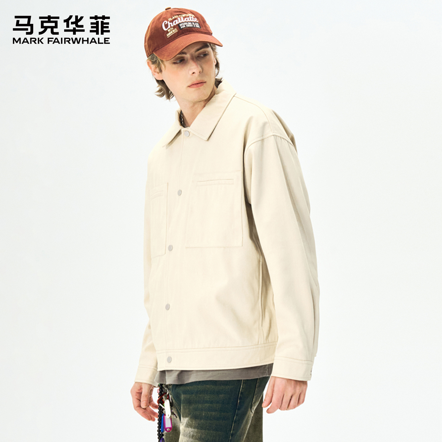 马克华菲2025新款工装风翻领外套男双口袋宽松版简约休闲夹克上衣