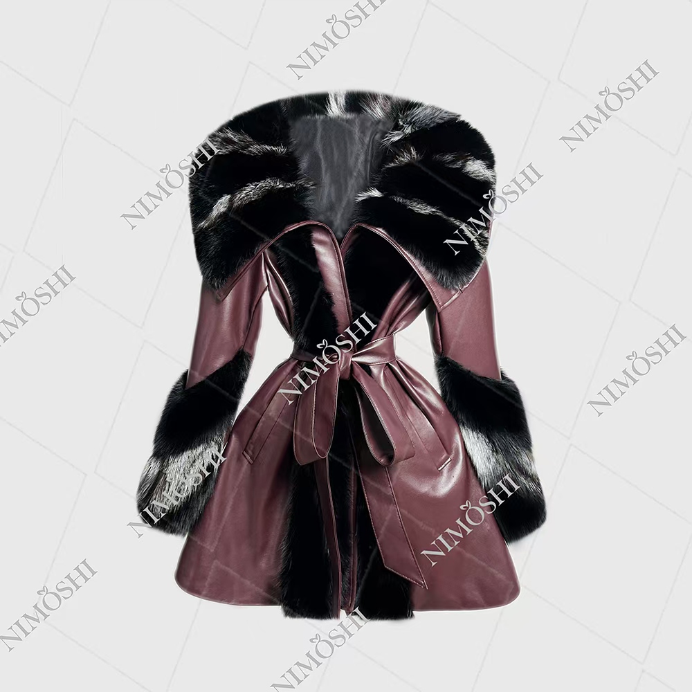 NIMðSHI【莎莎】欧式高级拼皮撞色挑染毛外套系腰收身时尚百搭P1015