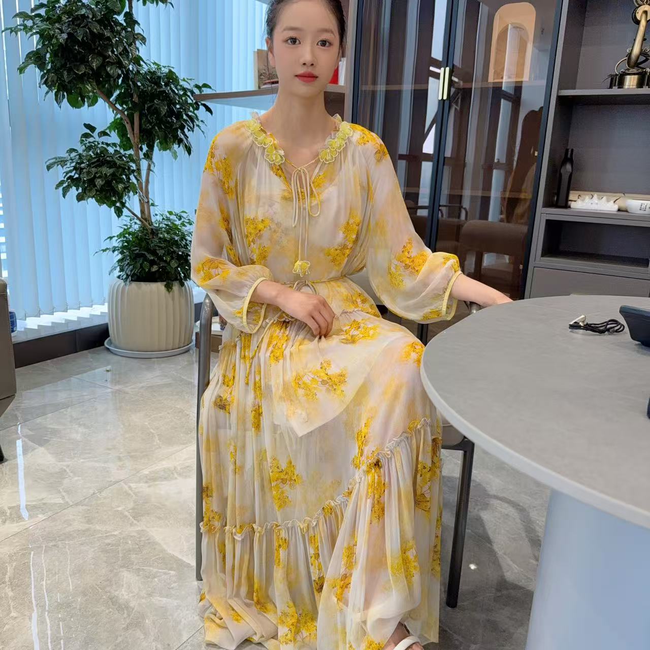 夏季真丝印花连衣裙高端气质显瘦百搭中长款双绉桑蚕丝裙子女40