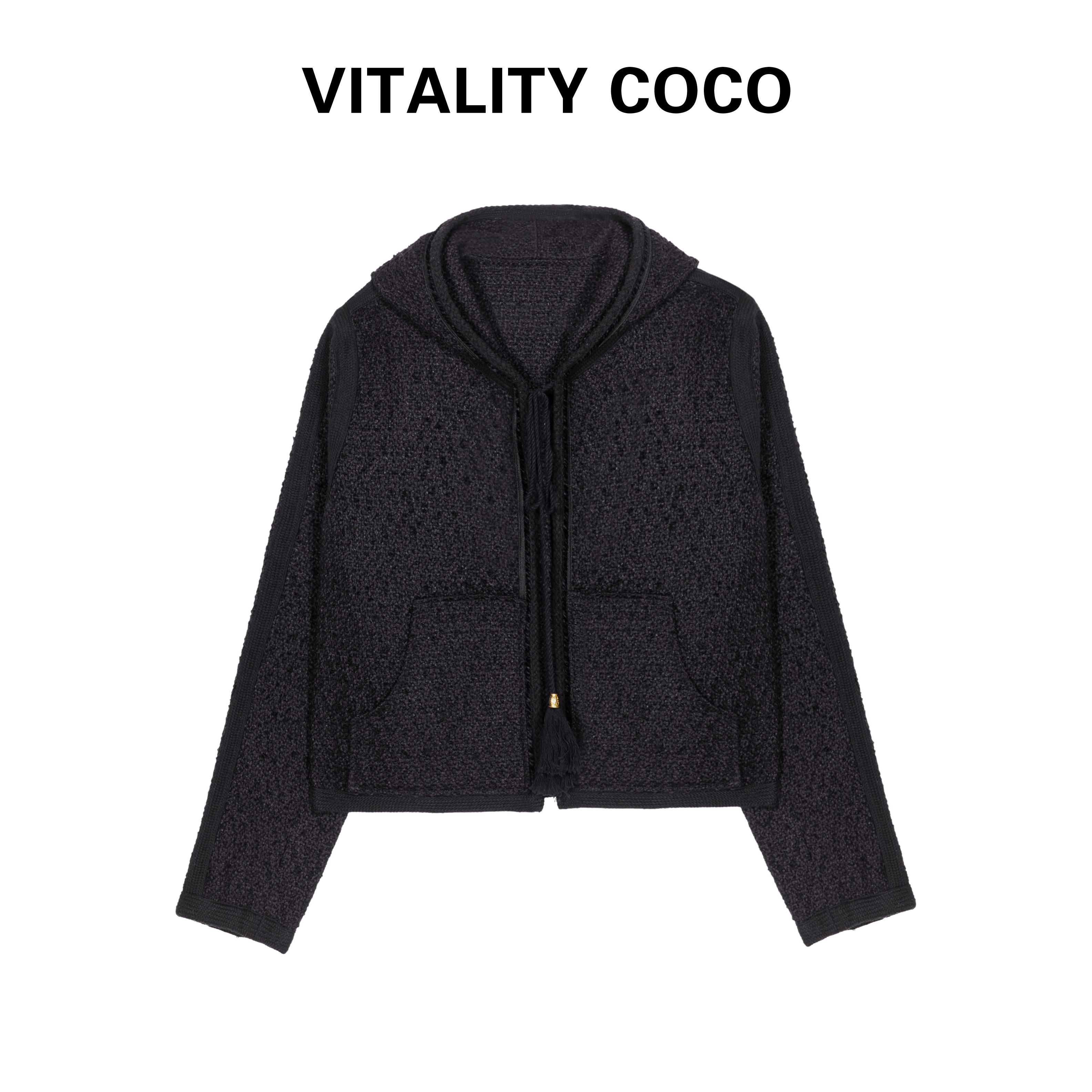 「VITALITY COCO」羊毛粗花呢小香风斗篷系带连帽短外套上衣-905