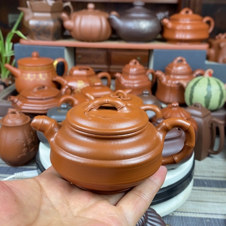 茶壶紫砂双线竹鼓150cc原矿赵庄朱泥特价