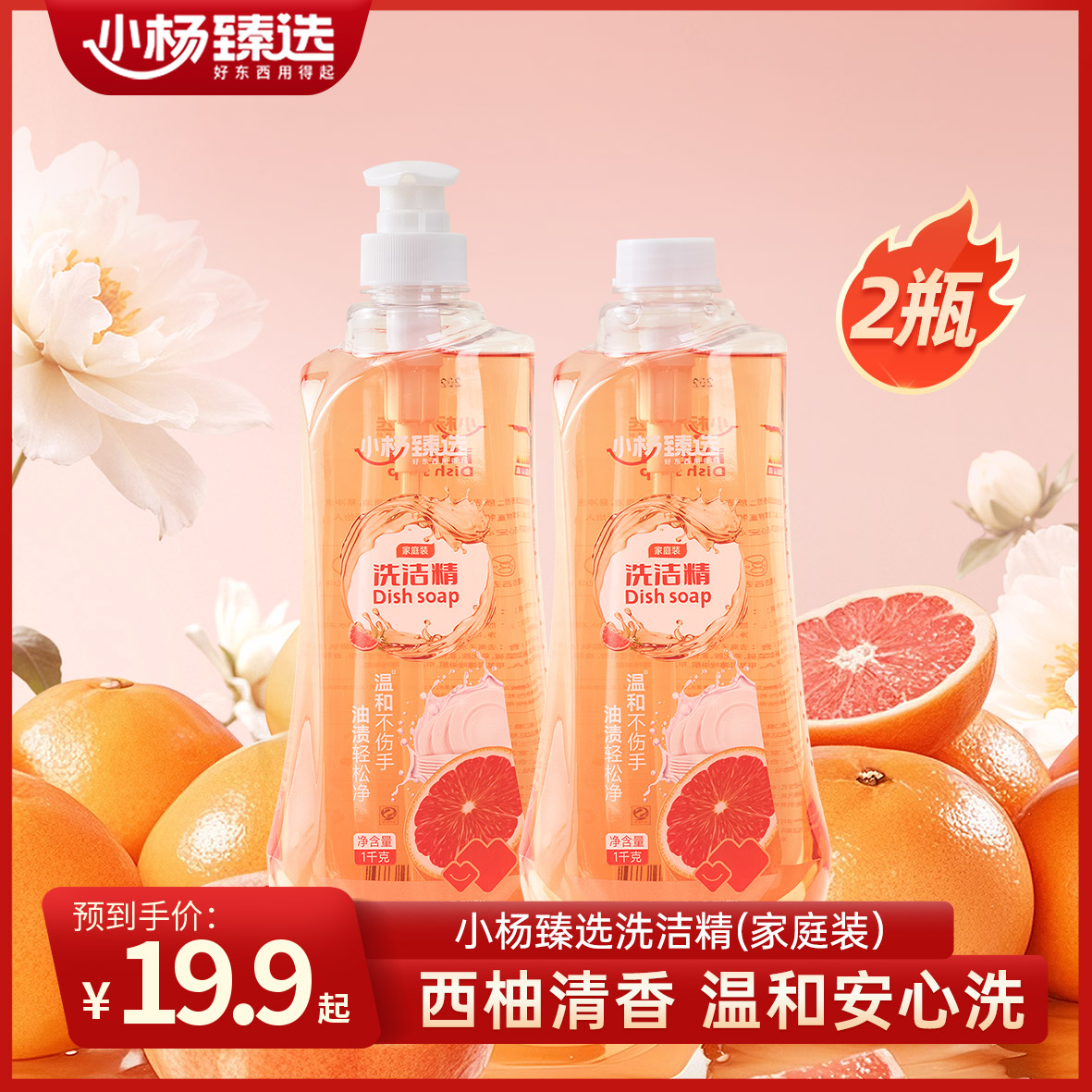 小杨臻选洗洁精强洁油污厨具污渍温和呵护双手清洗果蔬1000g*2瓶