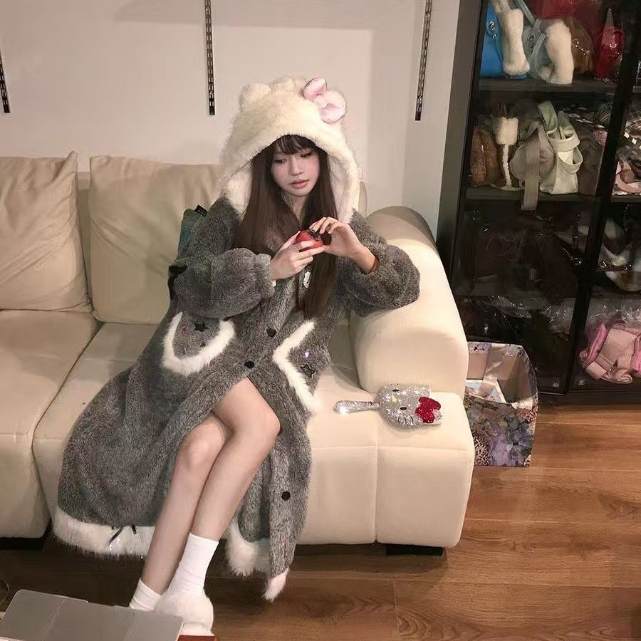 2025新款睡衣珊瑚凯蒂猫睡袍冬季毛绒加厚甜美清新长款家居服外穿