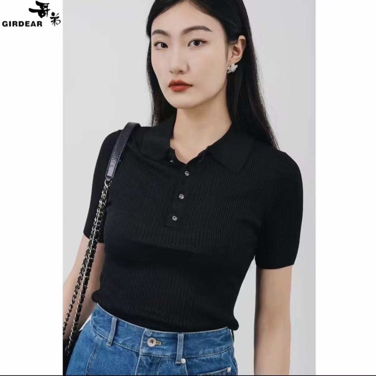 GIRDEAR/哥弟夏季新款气质翻领修身显瘦通勤百搭t恤女1399606