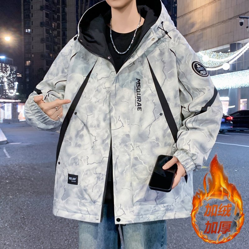 潮牌青少年重磅冬新款时尚扎染加绒加厚连帽夹克宽松个性百搭外套