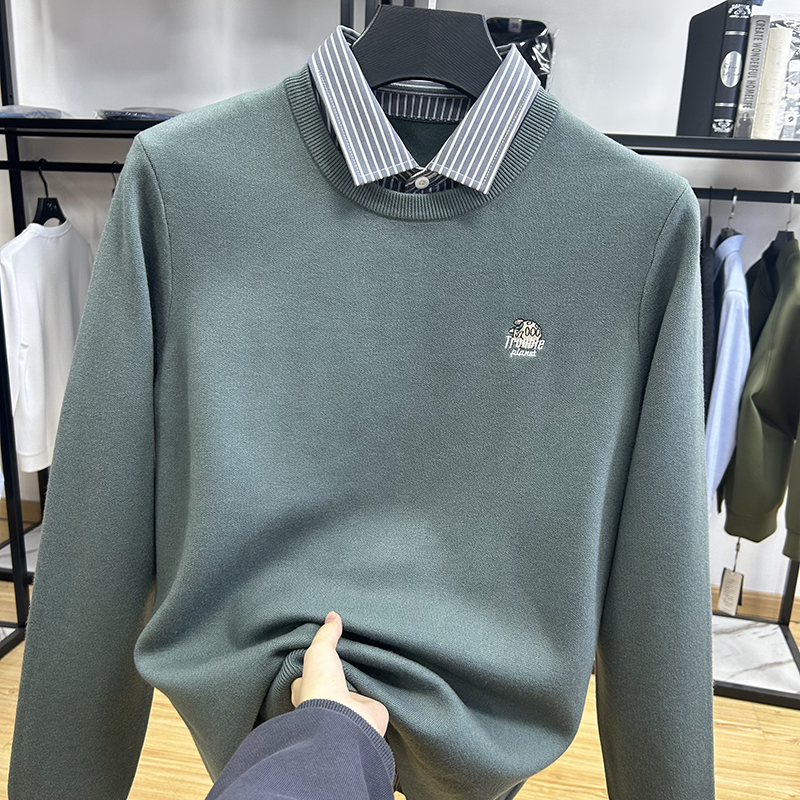 刺绣软糯亲肤包芯纱料双层领假两件针织衫秋冬男士打底衫 Y5T2585