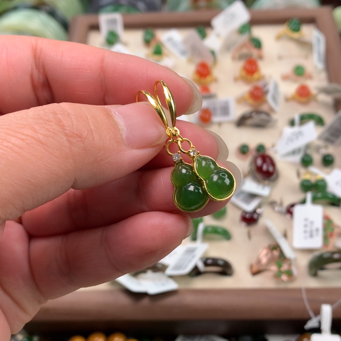 和田玉（碧玉）银S925镶嵌耳饰