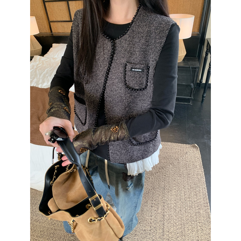 现货【OI小香风马甲】2025秋纯欲慵懒风女装珍珠拼接花边荷叶边外套