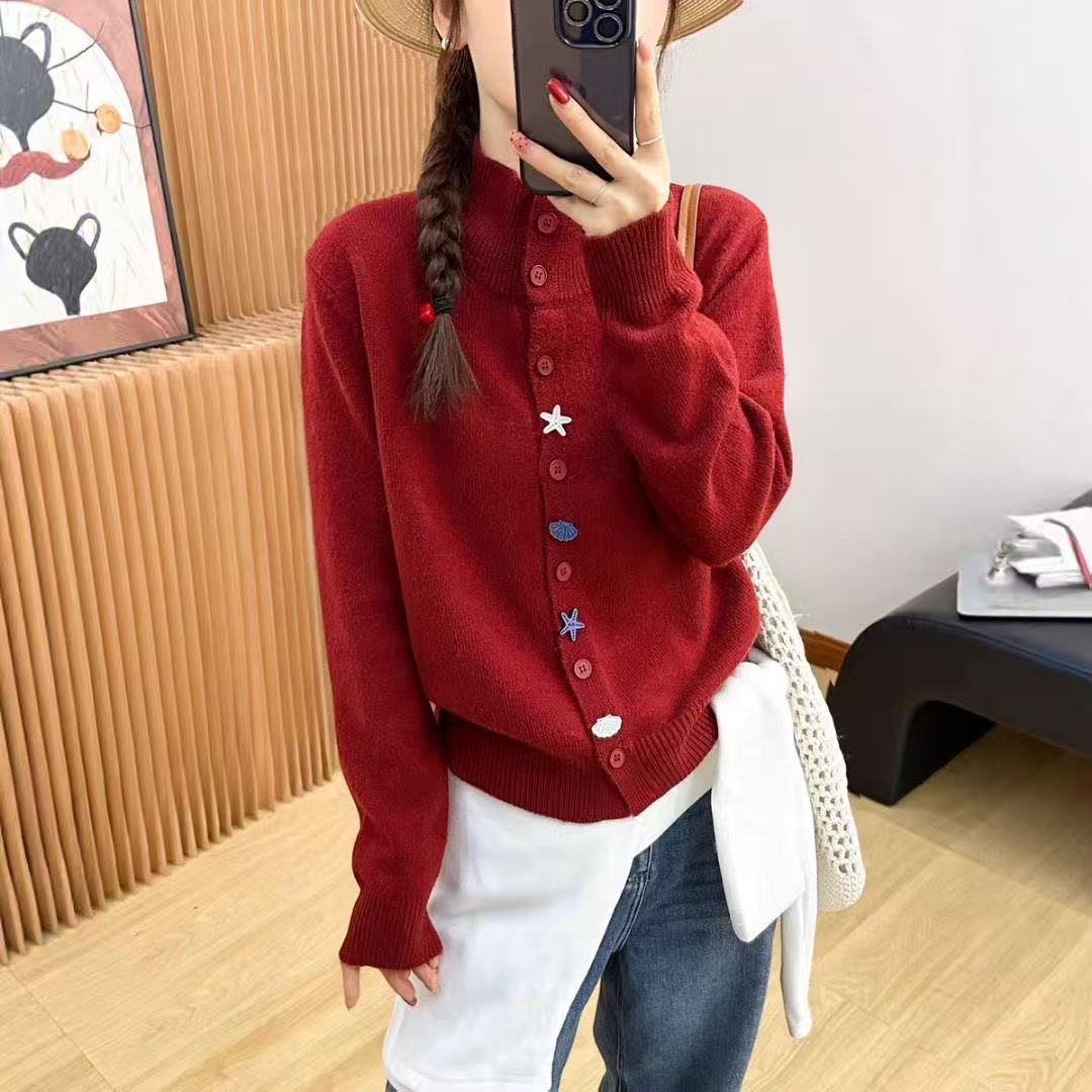 DXJ   2025冬季女士纯色系针织海星扣开衫毛衣  6213
