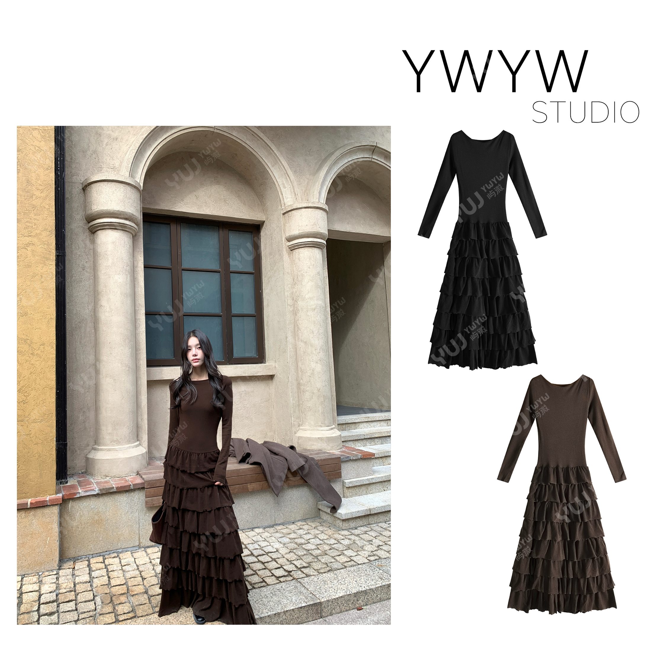 【YWYW25F/W】纯色百搭修身绒感长袖针织打底松糕连衣裙5889