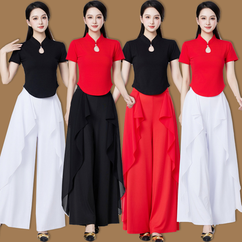 广场舞服装春夏短袖棉上衣阔腿裤演出表演休闲舞蹈服运动健身服
