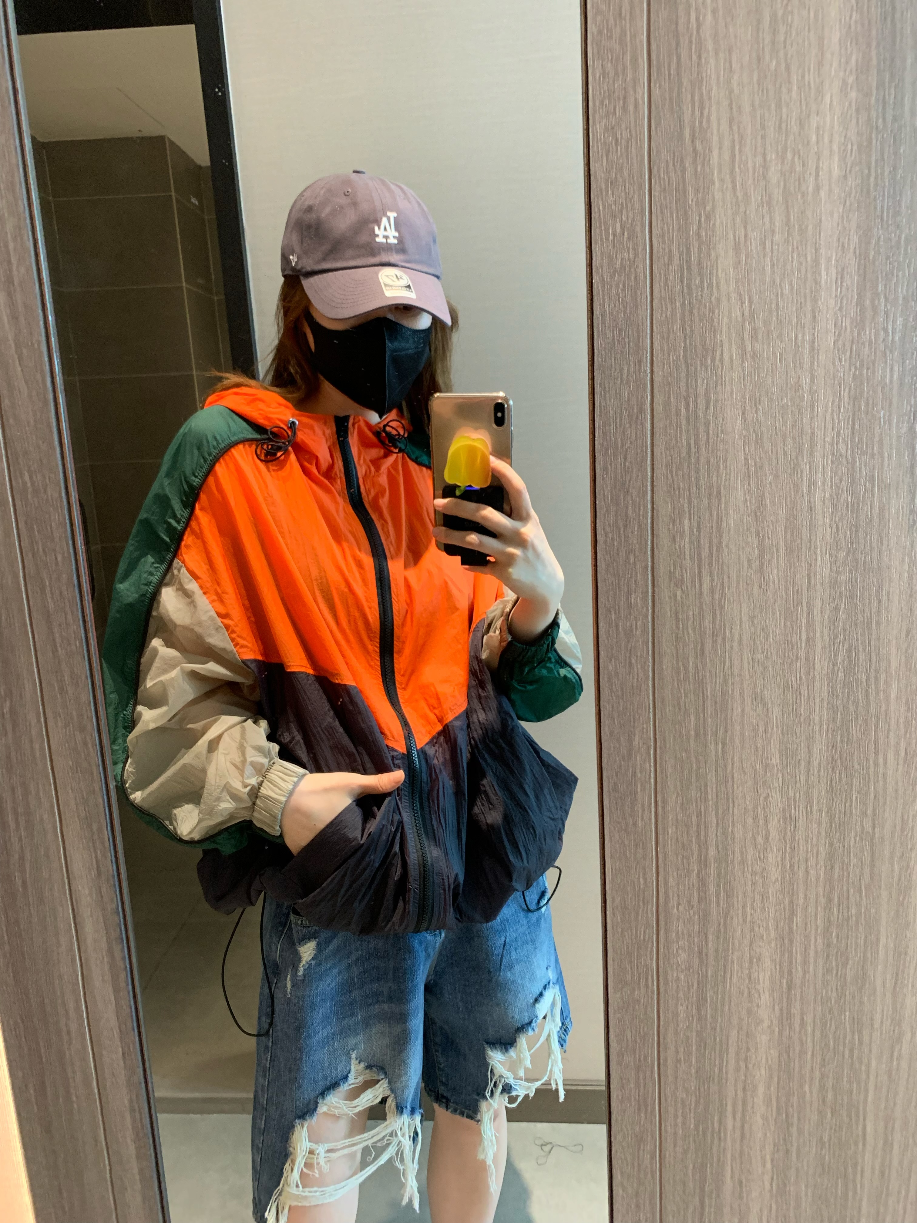 女装薄款防晒服单层橙色绿色复古宽松连帽外套冲锋衣