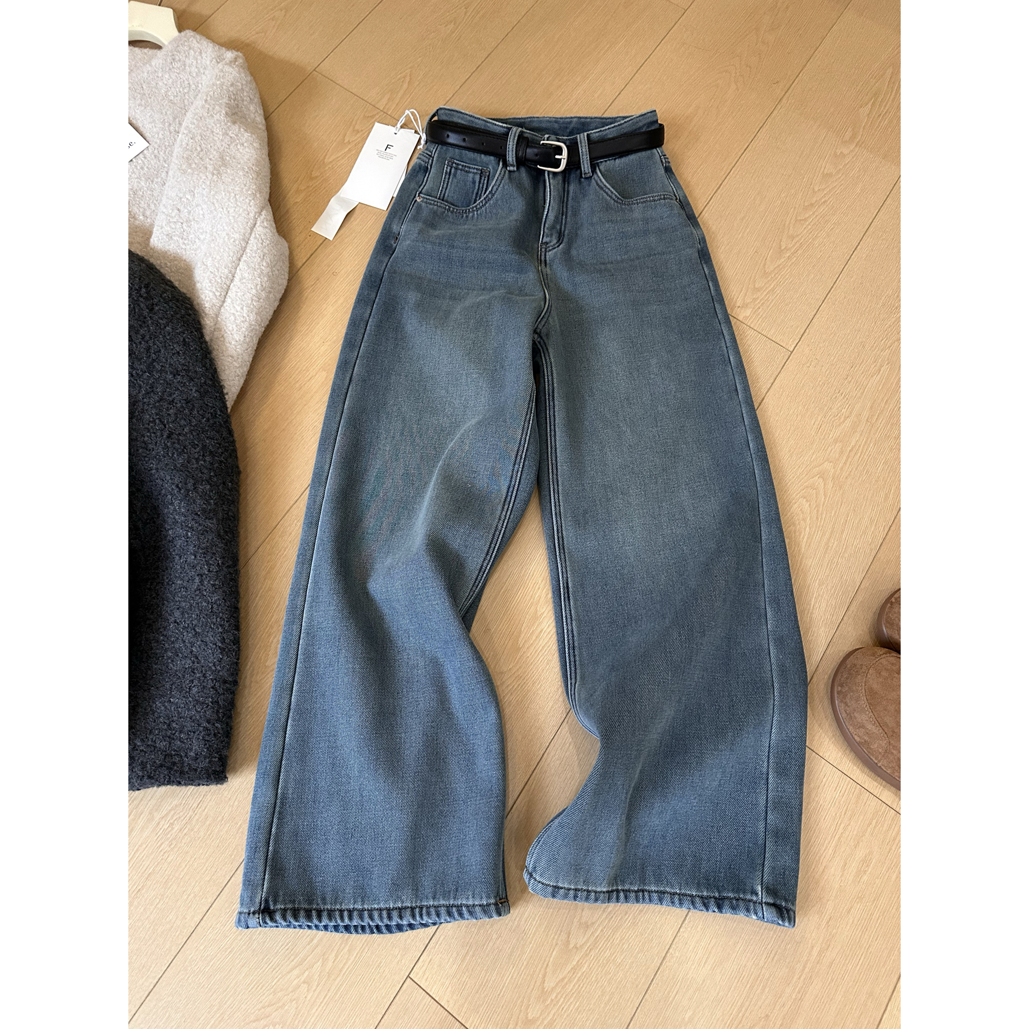 【厚绒】J40加绒阔腿牛仔裤女冬季加厚自发热保暖宽松九分直筒裤