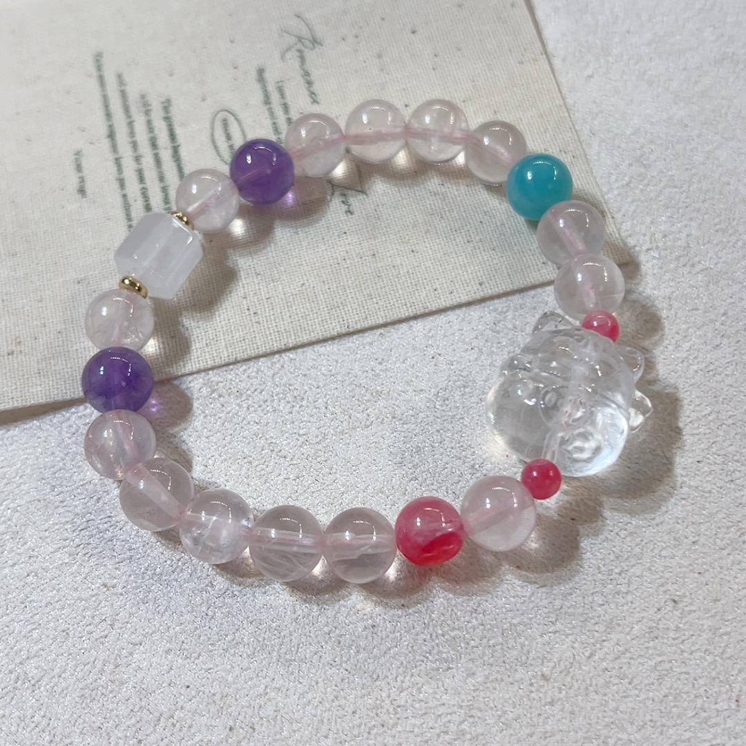 天然粉水晶手链女白水晶招招猫紫水晶手串R03