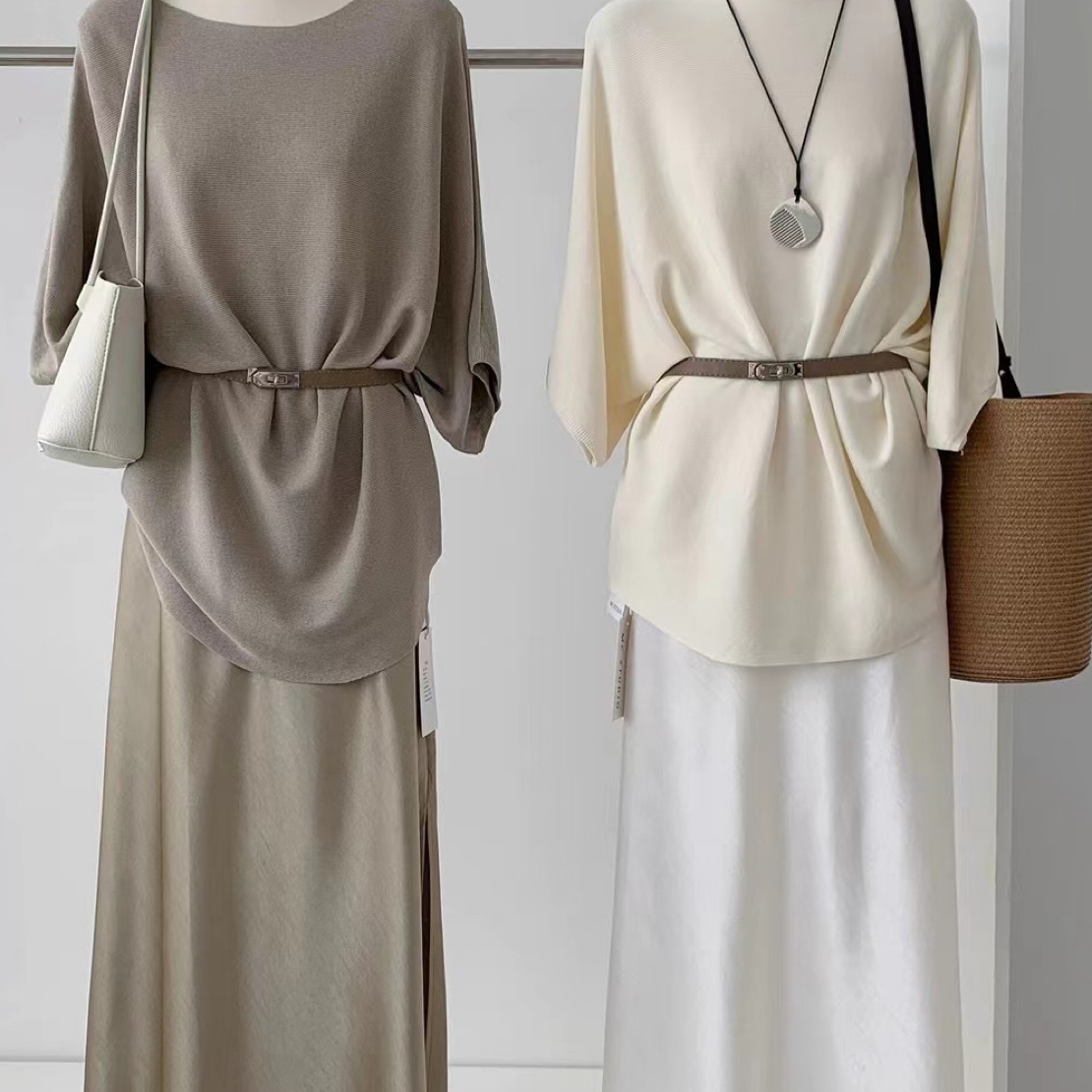 薄款极简风四季圆领短袖毛针织衫显瘦长款百搭休闲两件套裙子收腰