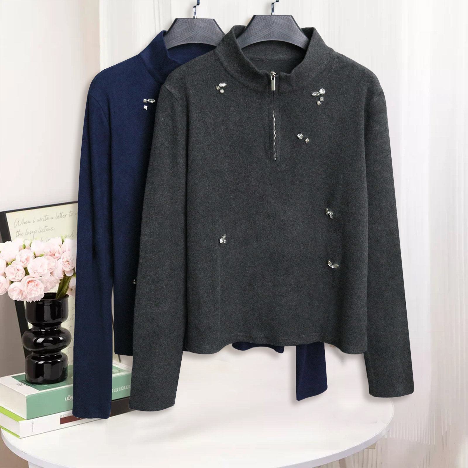 打底衫上衣女新款立领半拉链拼接设计感时尚休闲气质上衣2025秋冬