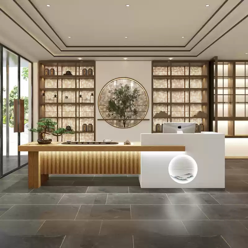 新中式收银台茶楼吧台收银台茶吧一体台接待台足浴店养生会所前台