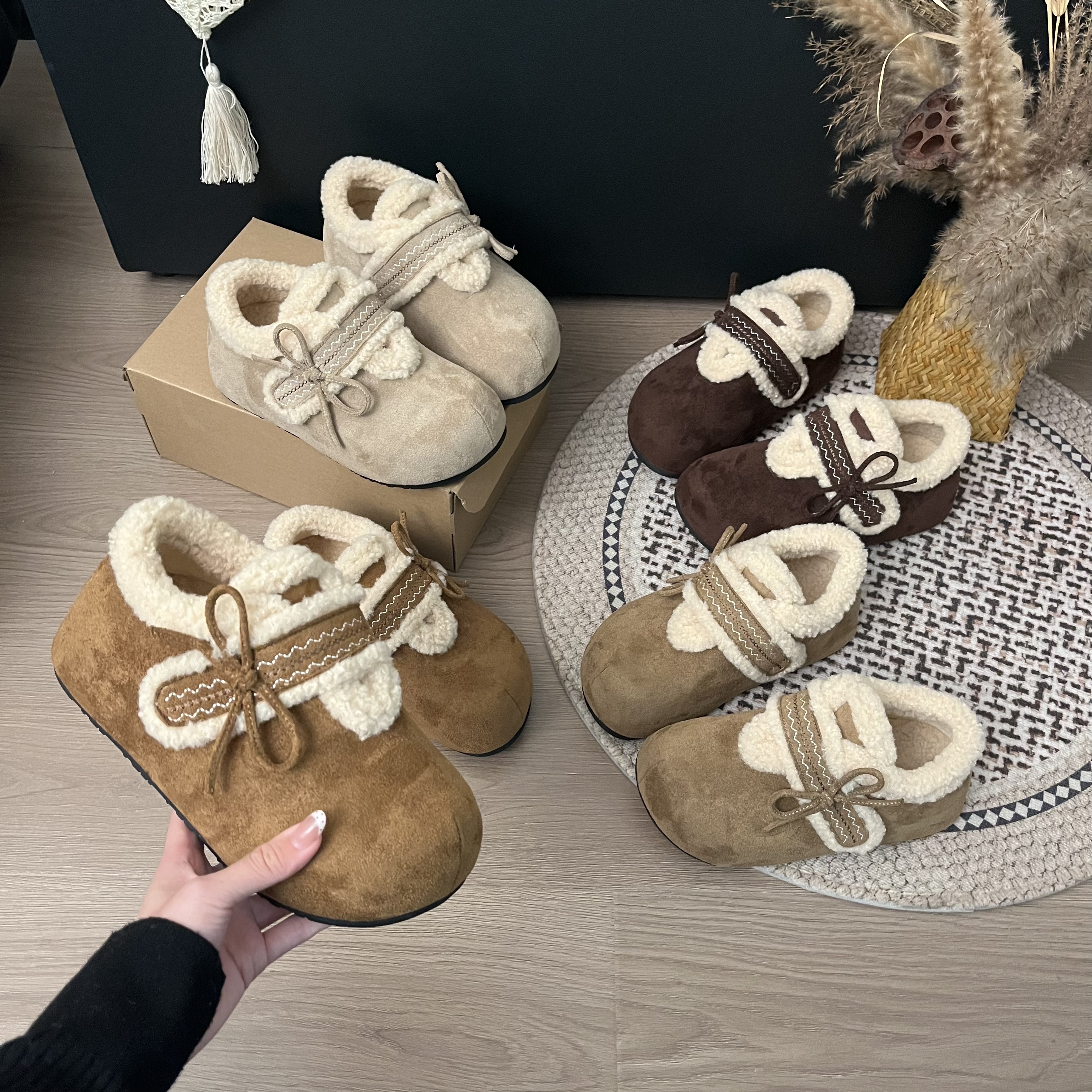 厚底休闲勃肯鞋加绒魔术贴蝴蝶结2025冬季百搭软底外穿女棉鞋保暖