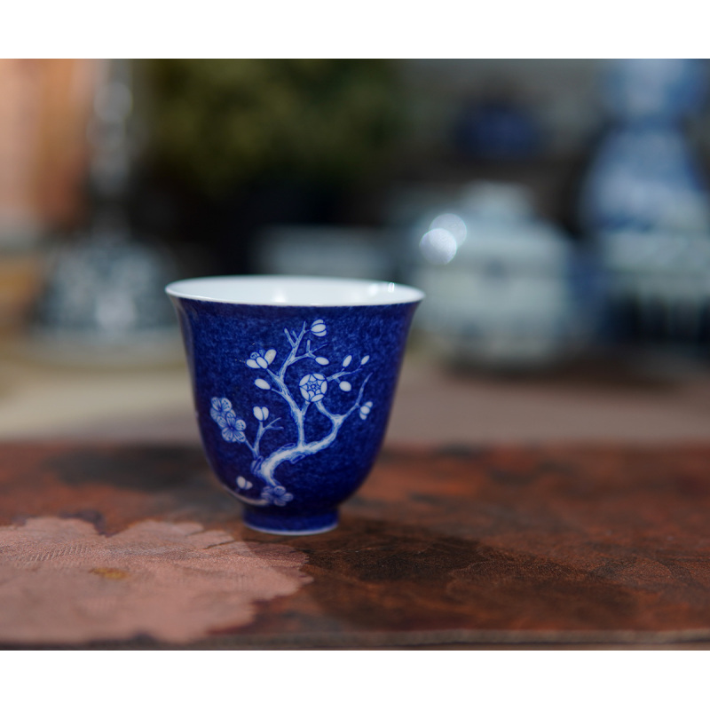 景德镇手工手绘复古洒蓝堆白冰梅铃铛杯-80毫升