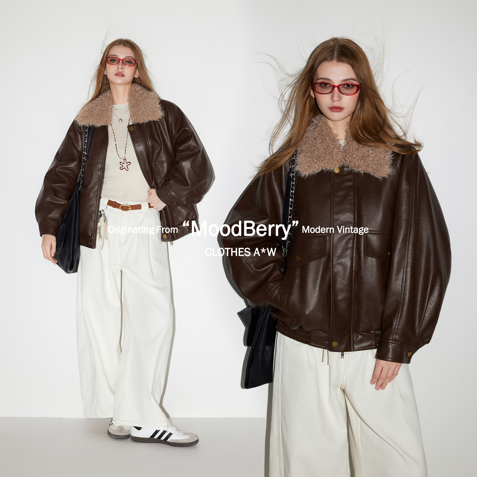 MoodBerry 美式复古PU皮卷毛翻领皮夹克女冬季保暖百搭加厚皮棉衣