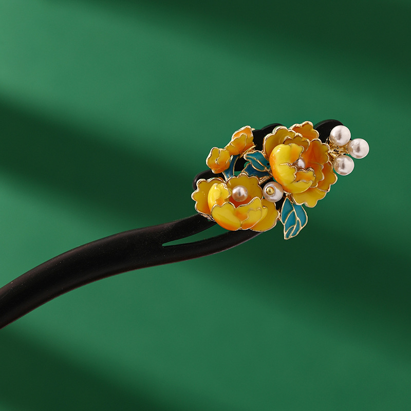 檀木发簪黄色牡丹花简约日常簪发古典中国风盘发簪