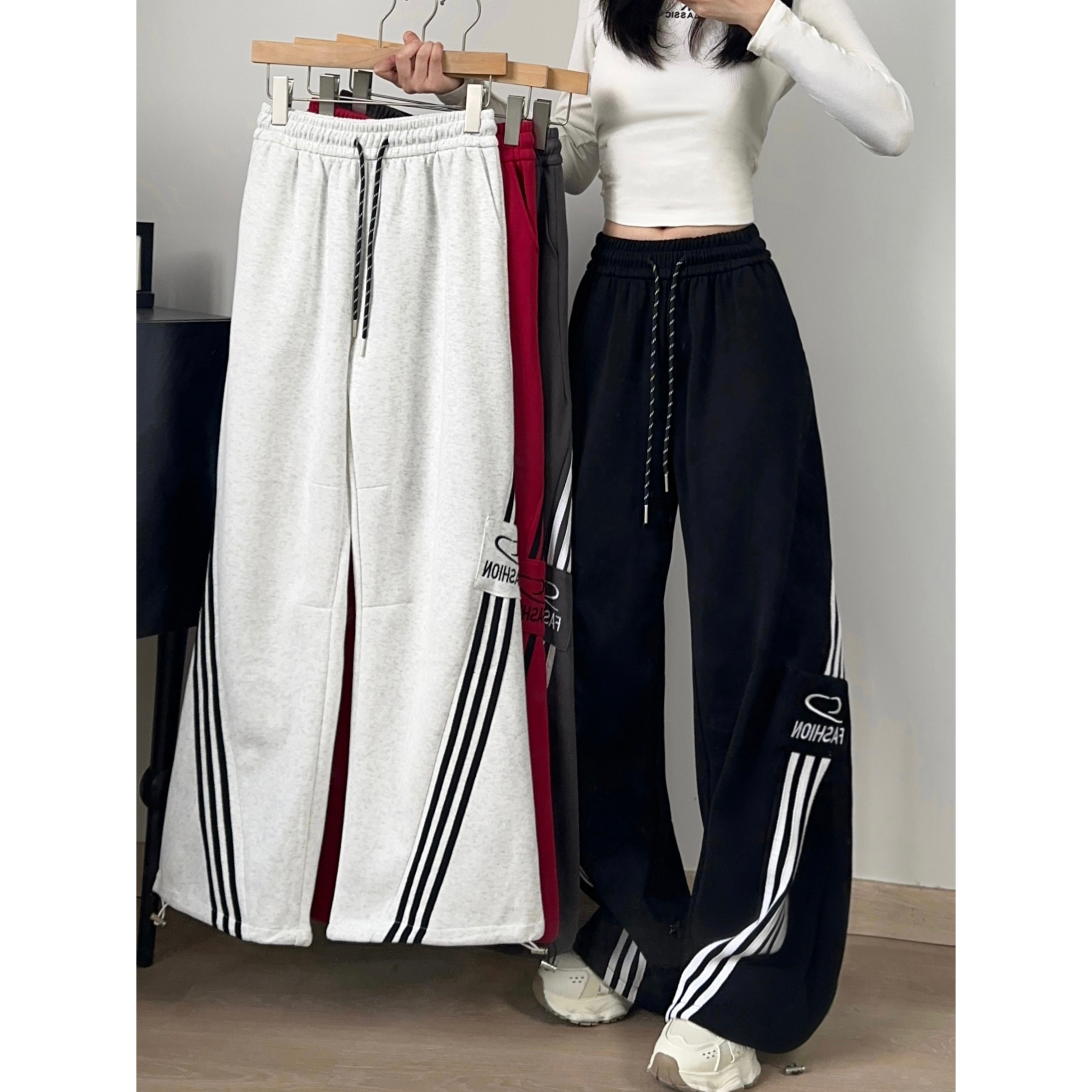 早秋新款重磅刺绣拼接时尚运动风阔腿裤百搭气质显瘦宽松休闲裤女