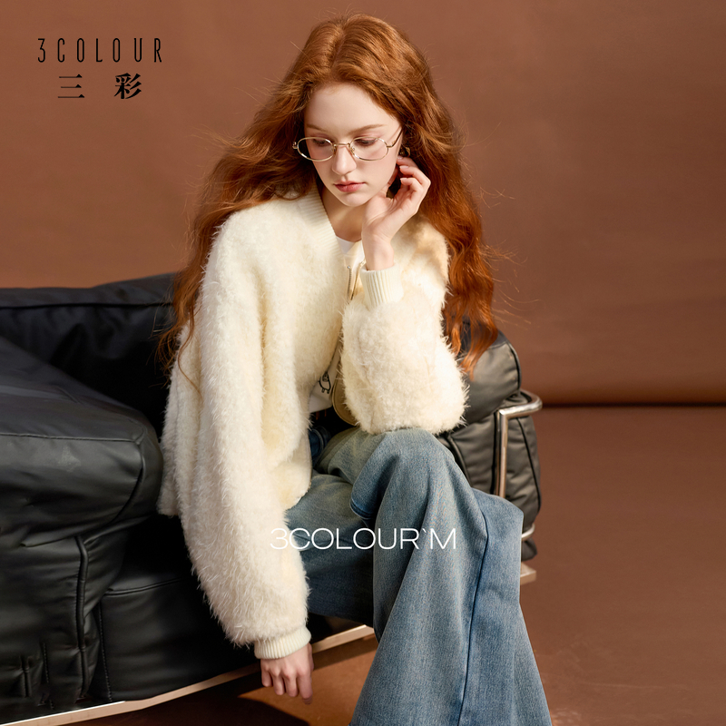 【绵羊毛】三彩2025冬季新款休闲毛呢外套毛绒单面呢宽松立领女M
