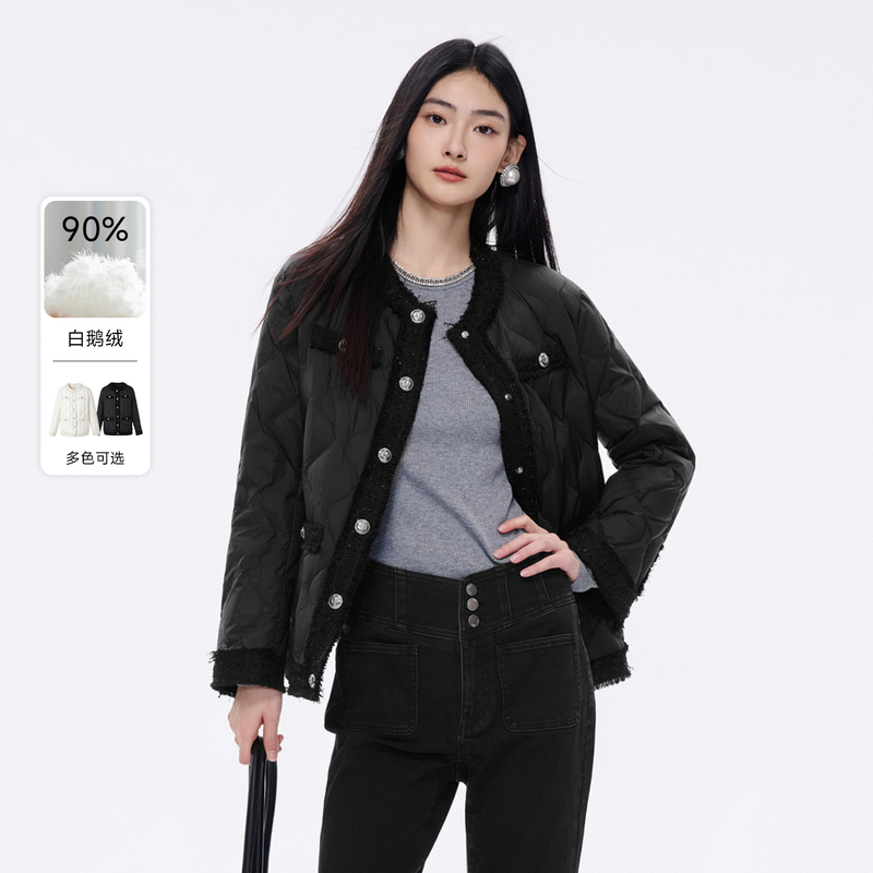 【达人专属】朗姿集团/莱茵优雅拼接香风羽绒服中长大衣黑色LDGDOBO