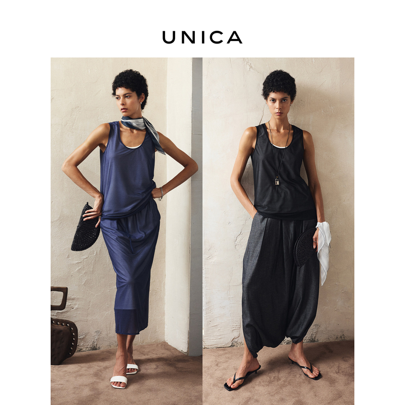UNICA/假两件双层不规则斜摆_进口琉璃网纱荡领上衣无袖背心半裙